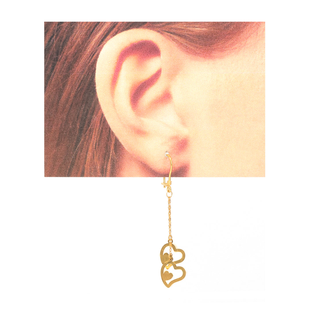 21K Gold Double Heart Charm Drop Earrings