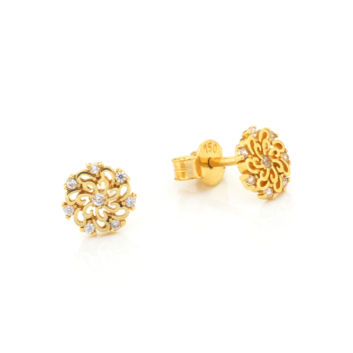 A pair of yellow gold floral stud earrings with small clear stones, shown on a clean white background. One earring is facing forward to show the floral face and post, while the other is turned to show the screw-back clasp.