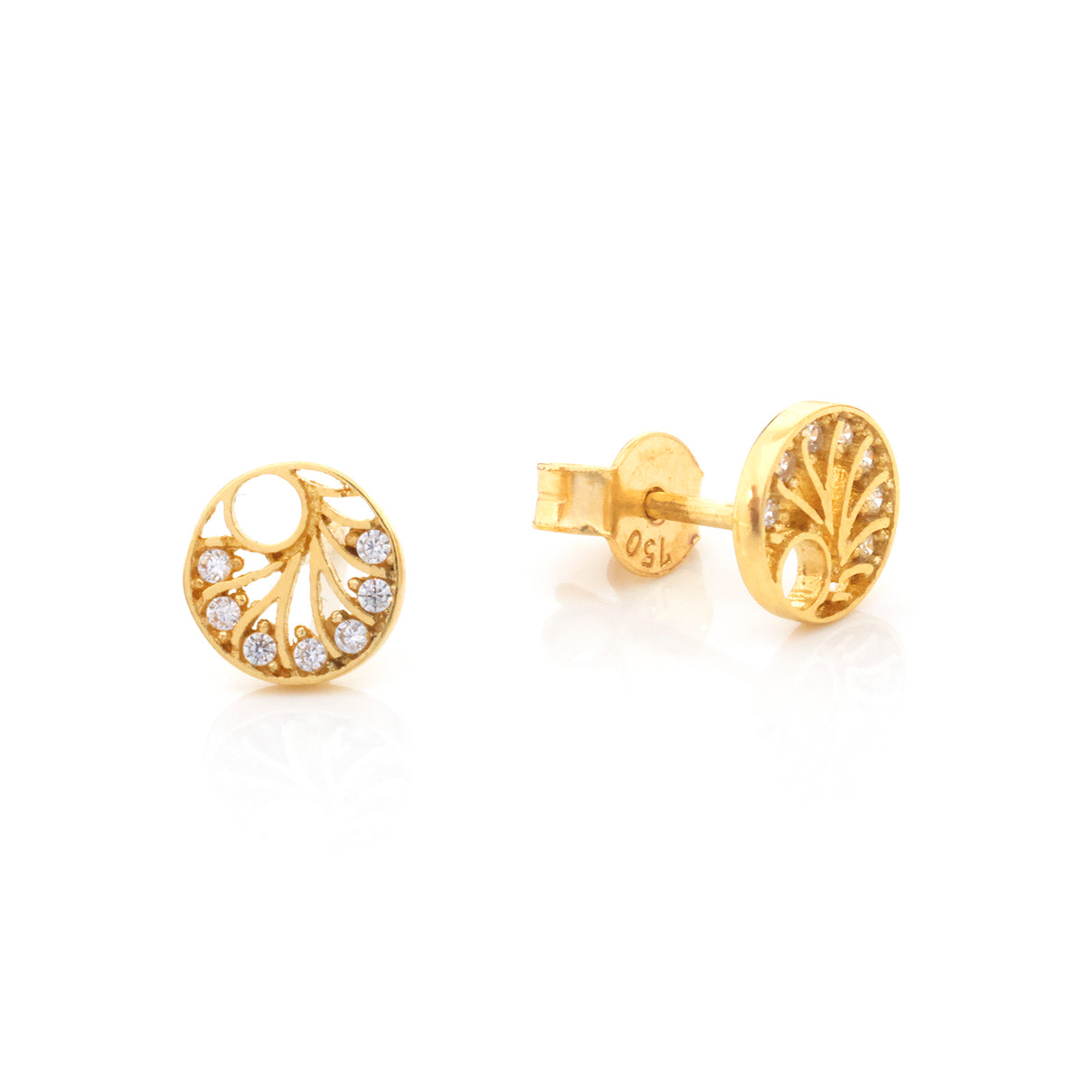 A pair of gold stud earrings on a white background, one showing the front with small clear stones in a leaf-like circular design and the other showing the back with a post and a '14K' gold hallmark.