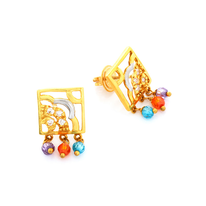 Gold earrings with colorful beads on a white background