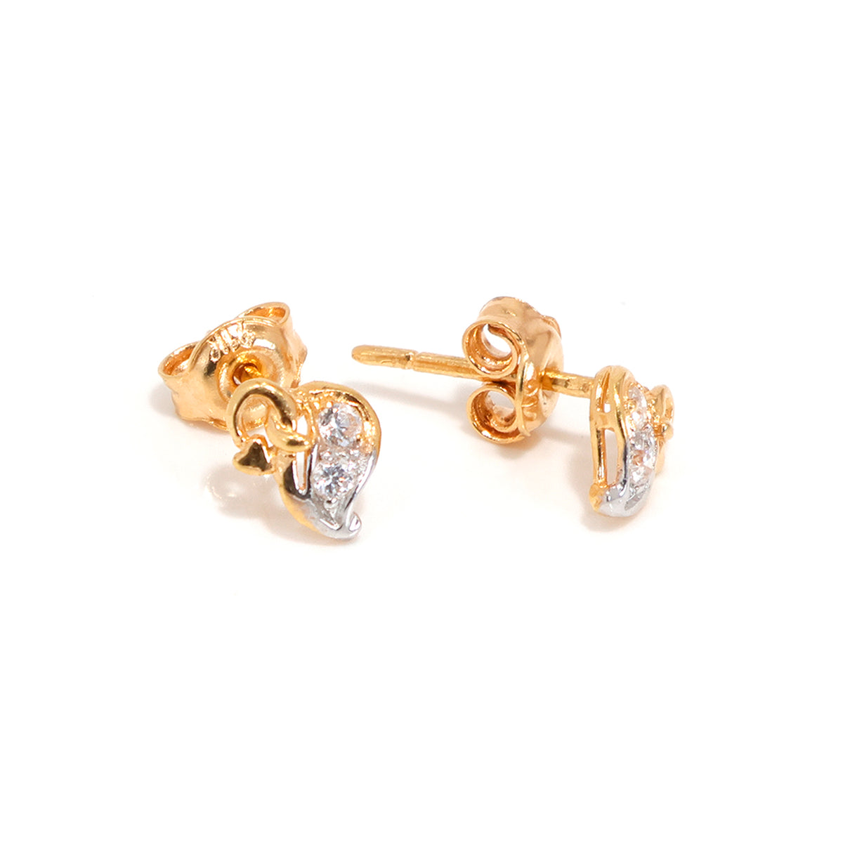 21K Gold CZ Heart Stud Earrings - Elegant Everyday Wear - Main View