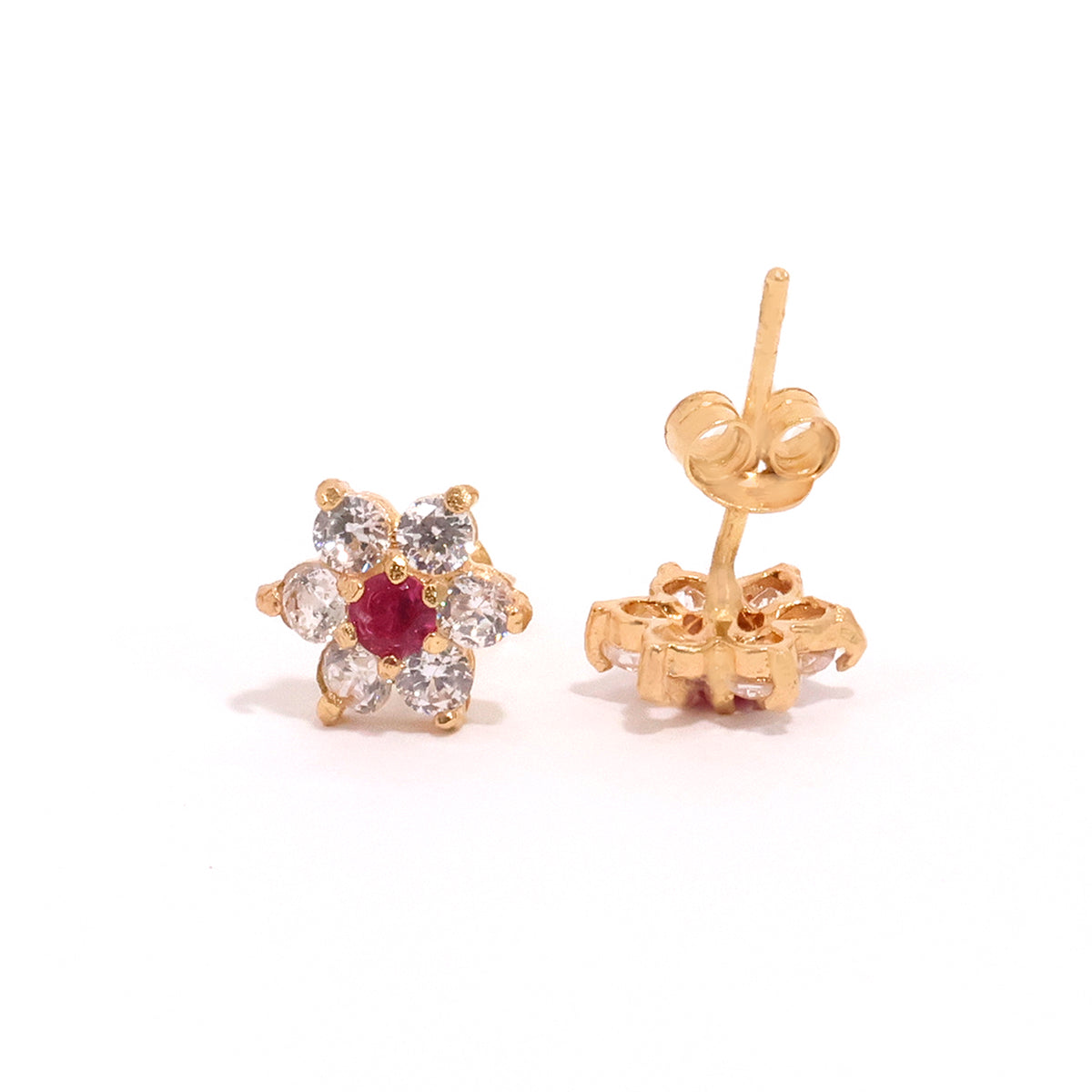 18K Gold Earrings - Red CZ Flower Stud Design - Main View