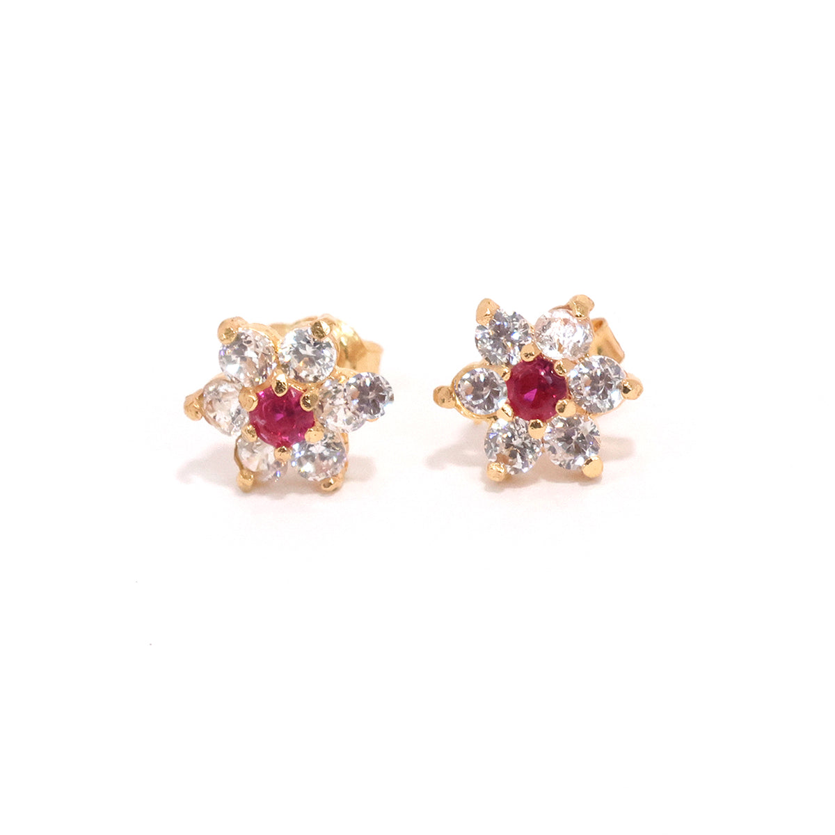 18K Gold Earrings - Red CZ Flower Stud Design - Close View