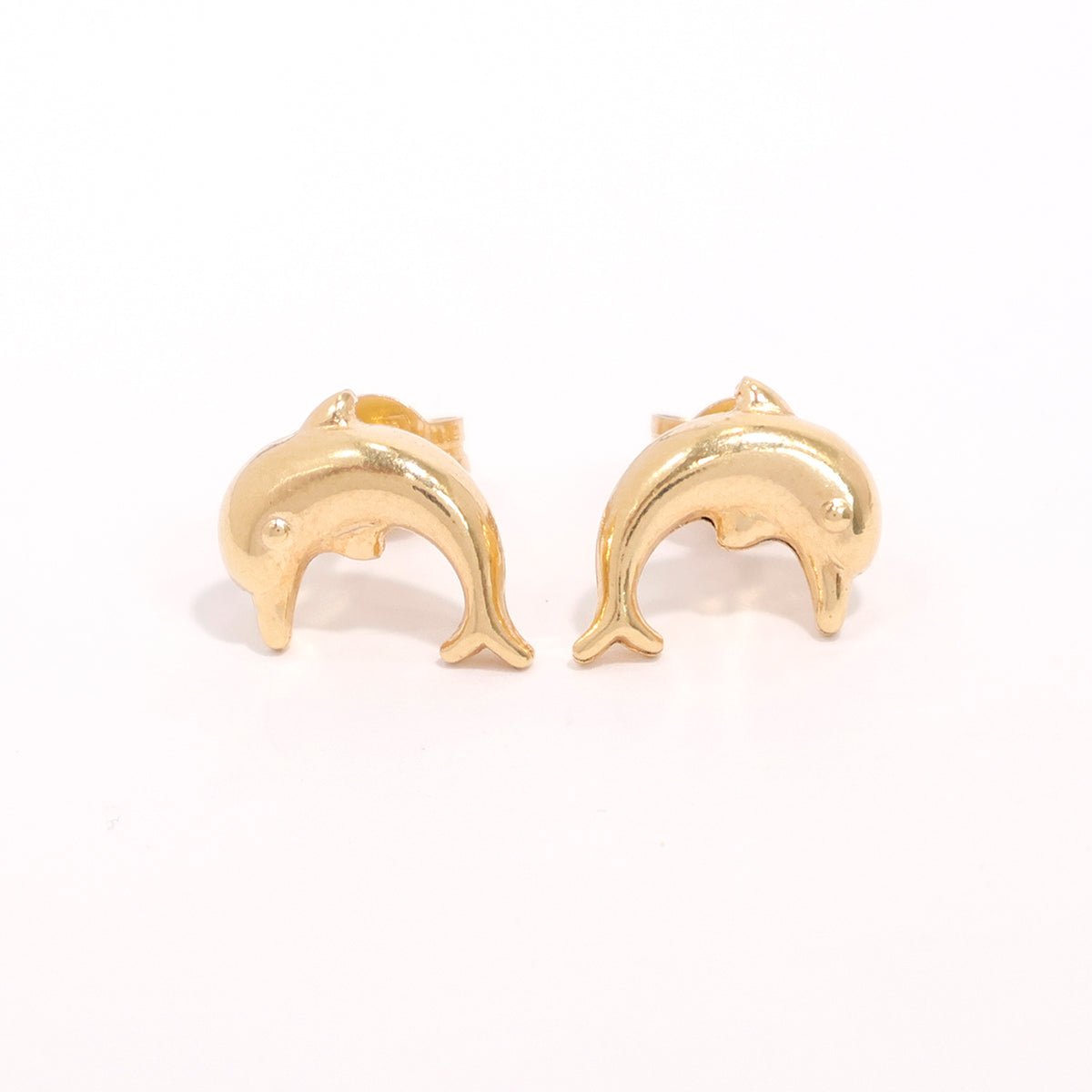 18K Gold Earrings with Dolphin Stud Design - Close View