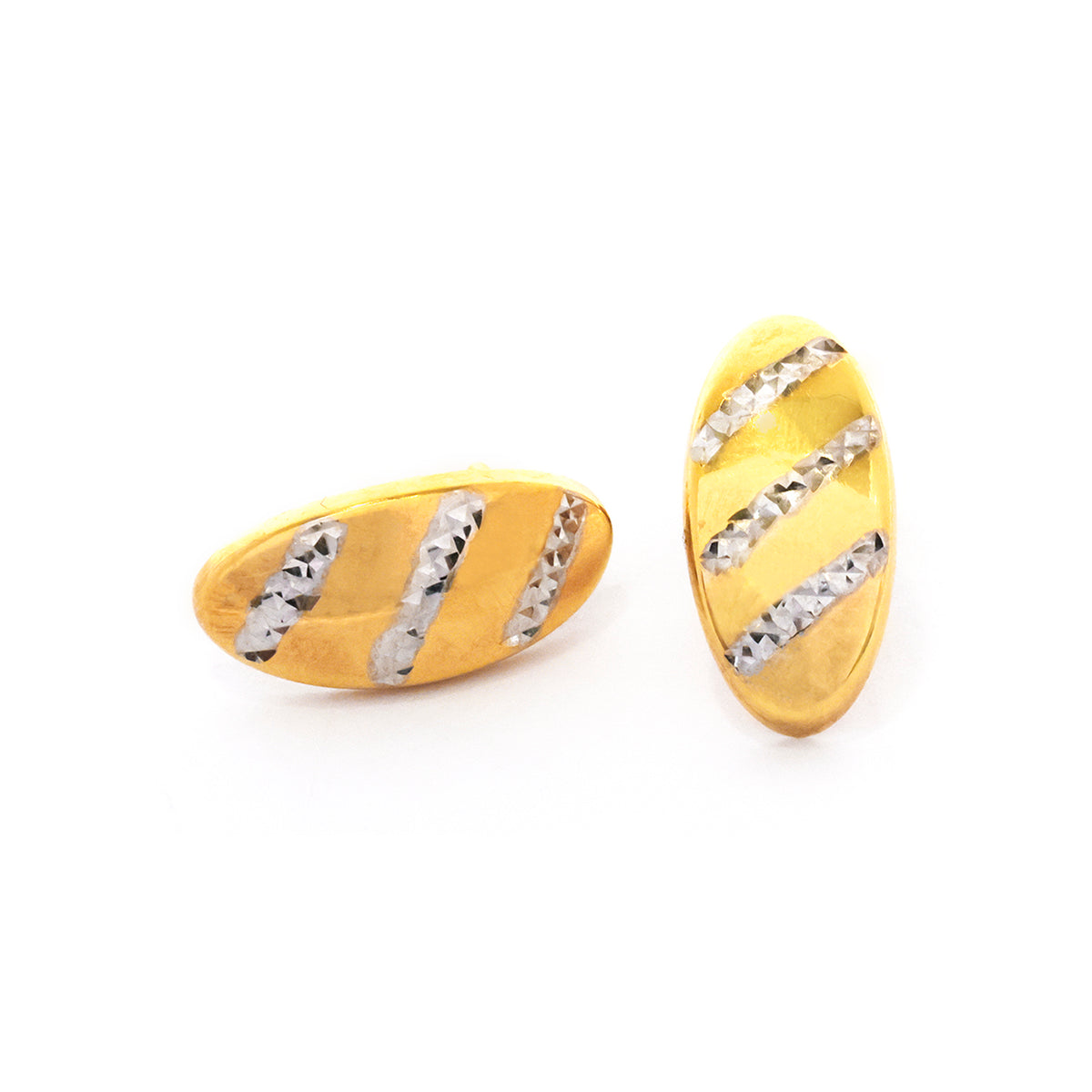 Gold earrings with diamond accents on a white background