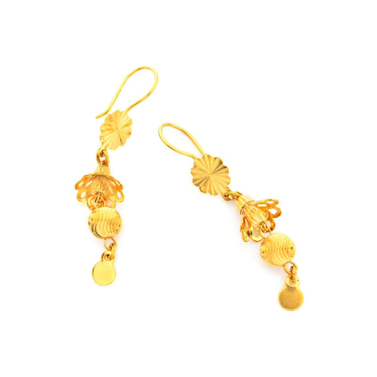 Pair of gold earrings on a white background