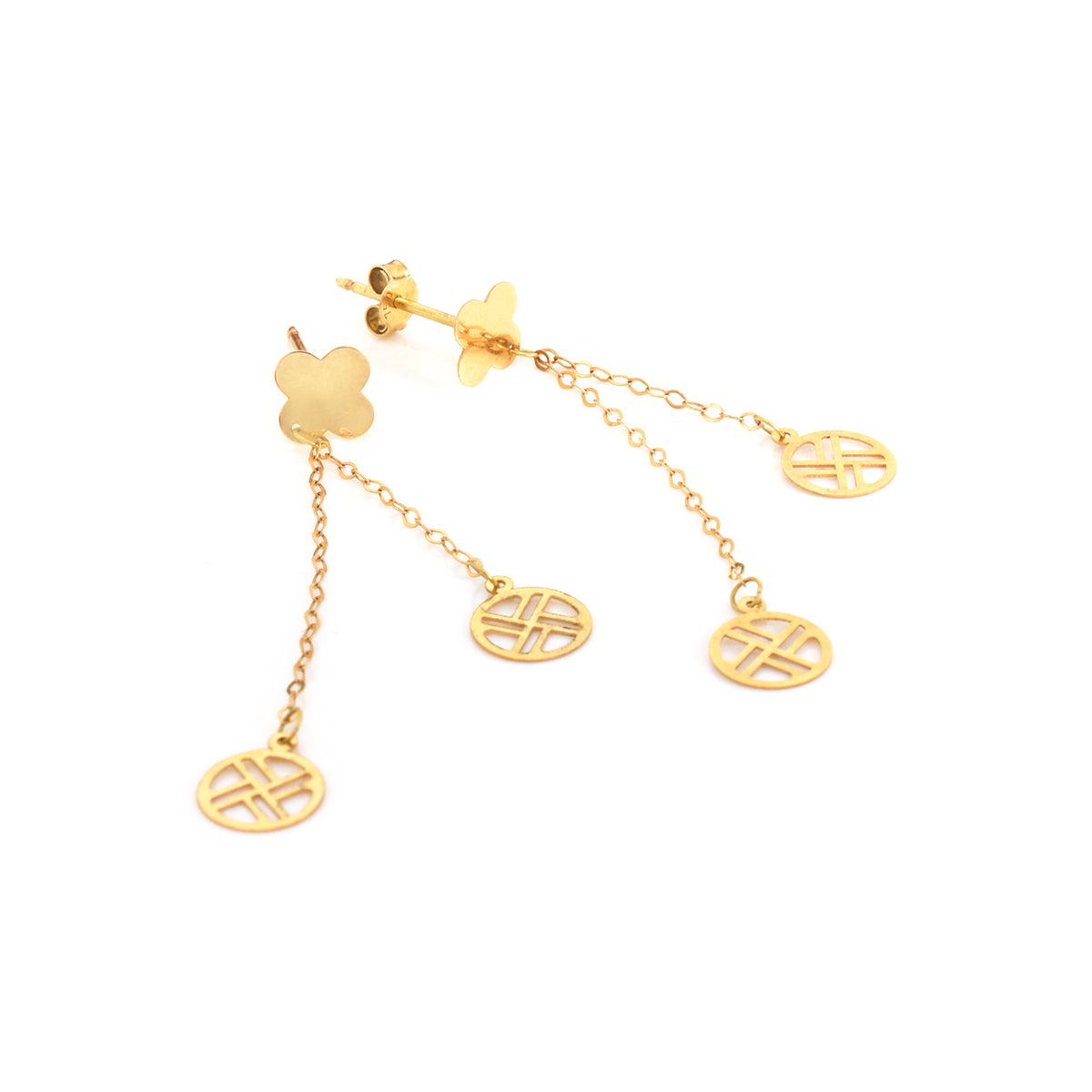 A pair of gold dangle earrings featuring a small flower-shaped stud, delicate chain links, and circular Chinese-style lattice disc charms, shown on a plain white background.