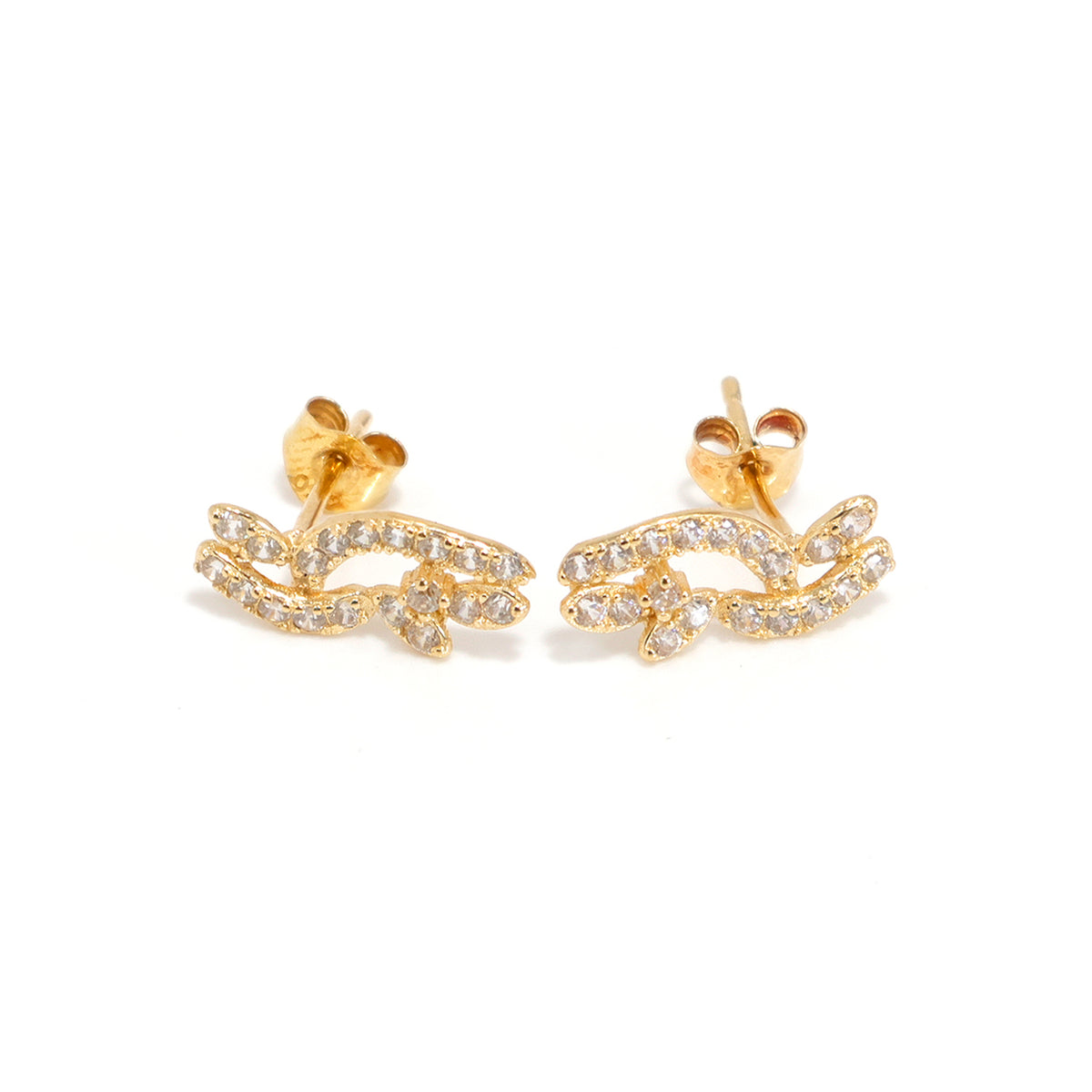 18K Gold CZ Stud Earrings with Leaf Design – Zero Making Charge - Main View