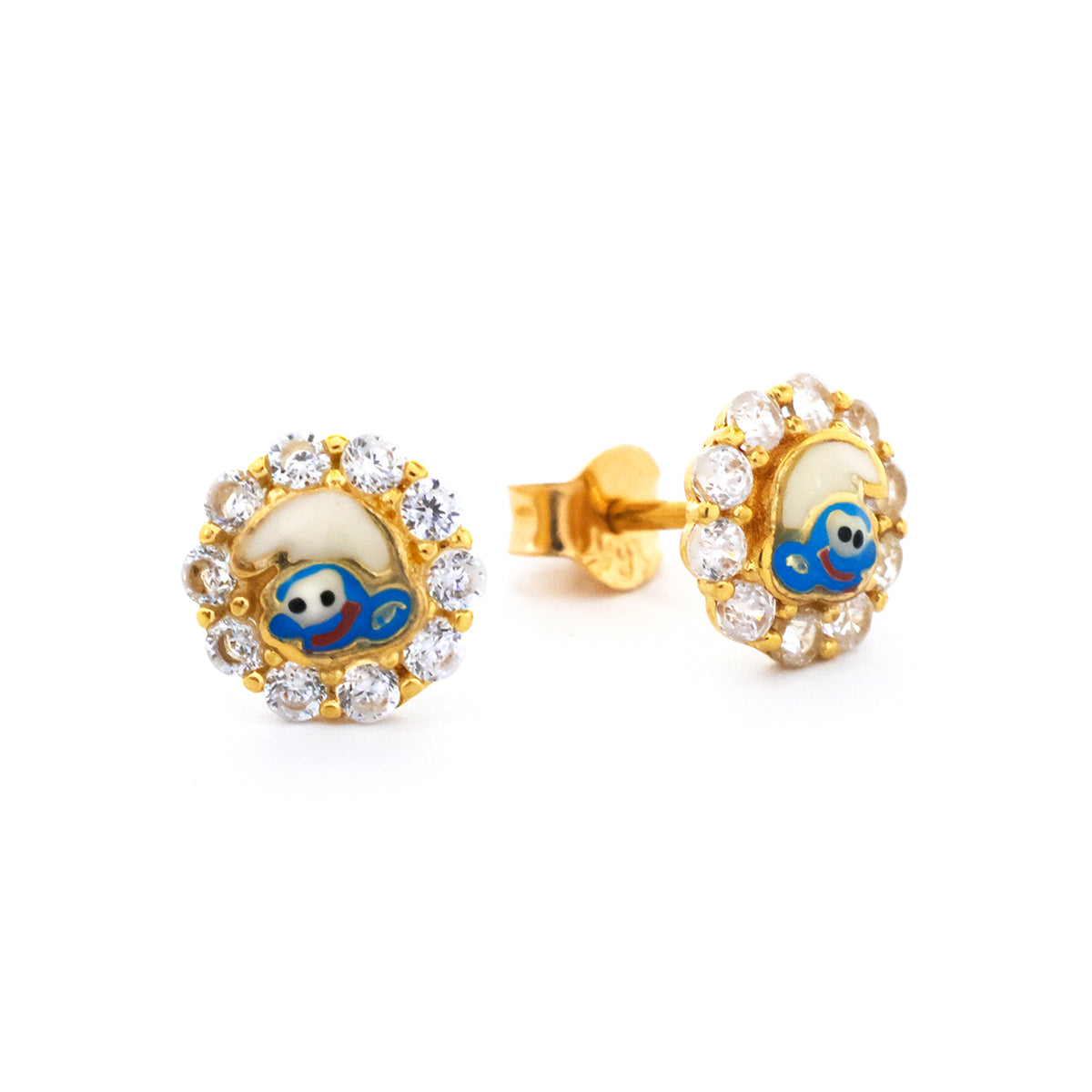 Pair of gold earrings with character design on a white background