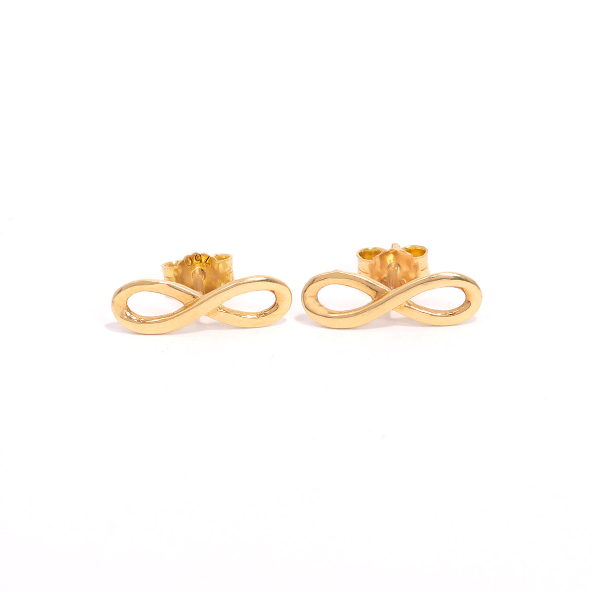 18K Gold Earrings - Infinity Symbol Stud Design - Close View