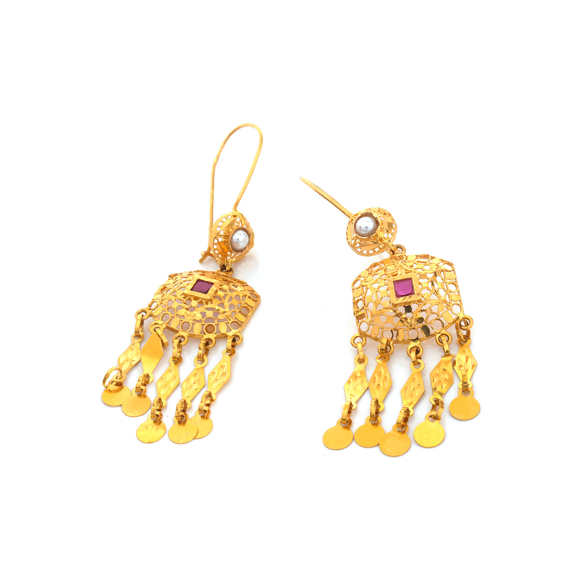 21K Gold Filigree Shield Drop Chandelier Earrings - Zero making charge