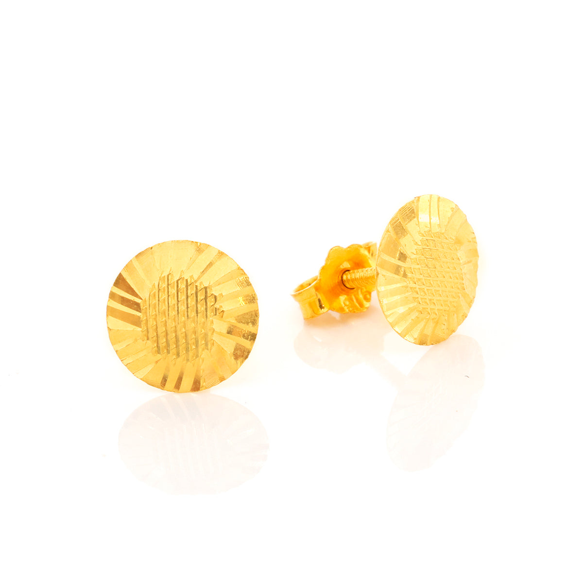 Gold round earrings on a white background