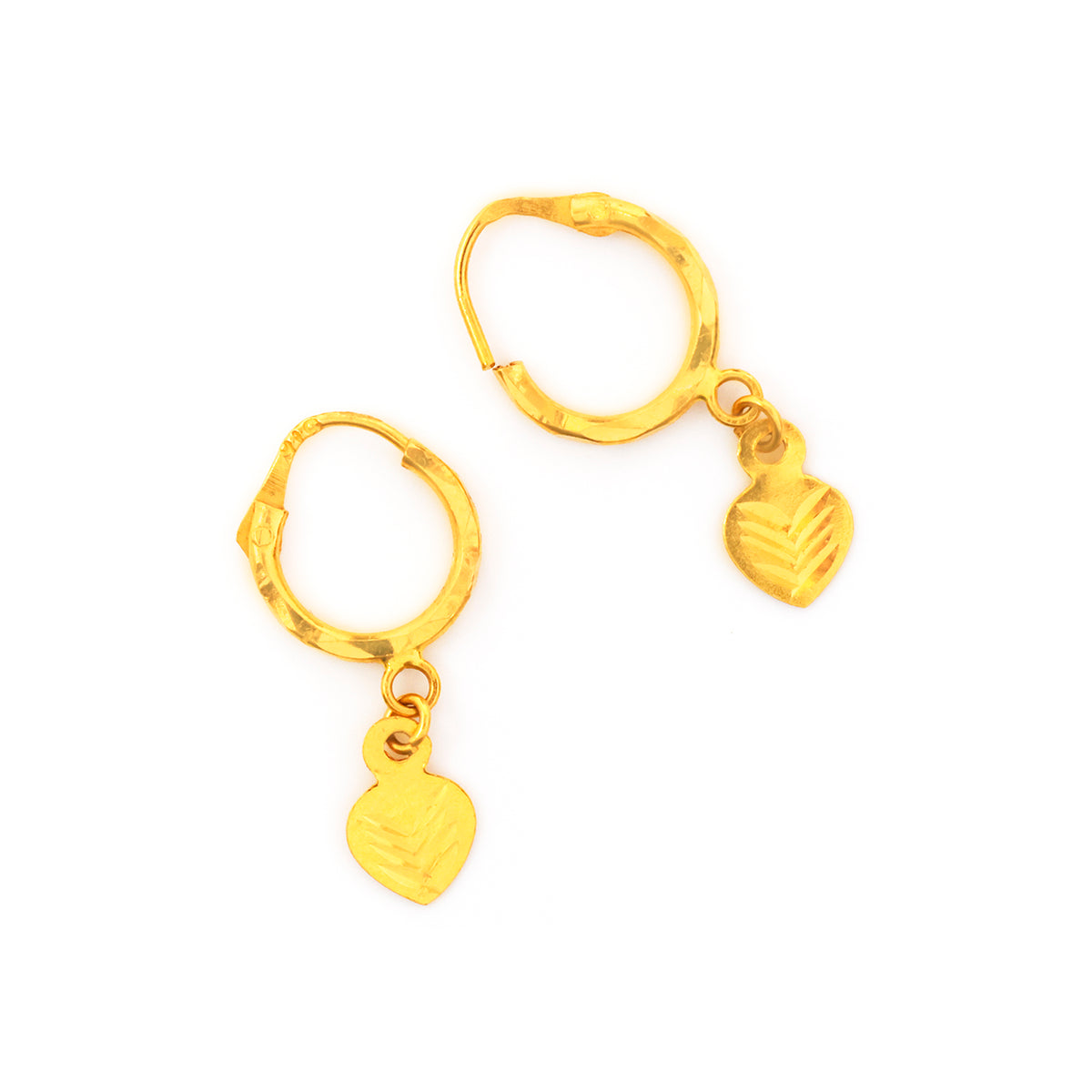 Gold hoop earrings with heart-shaped charms on a white background
