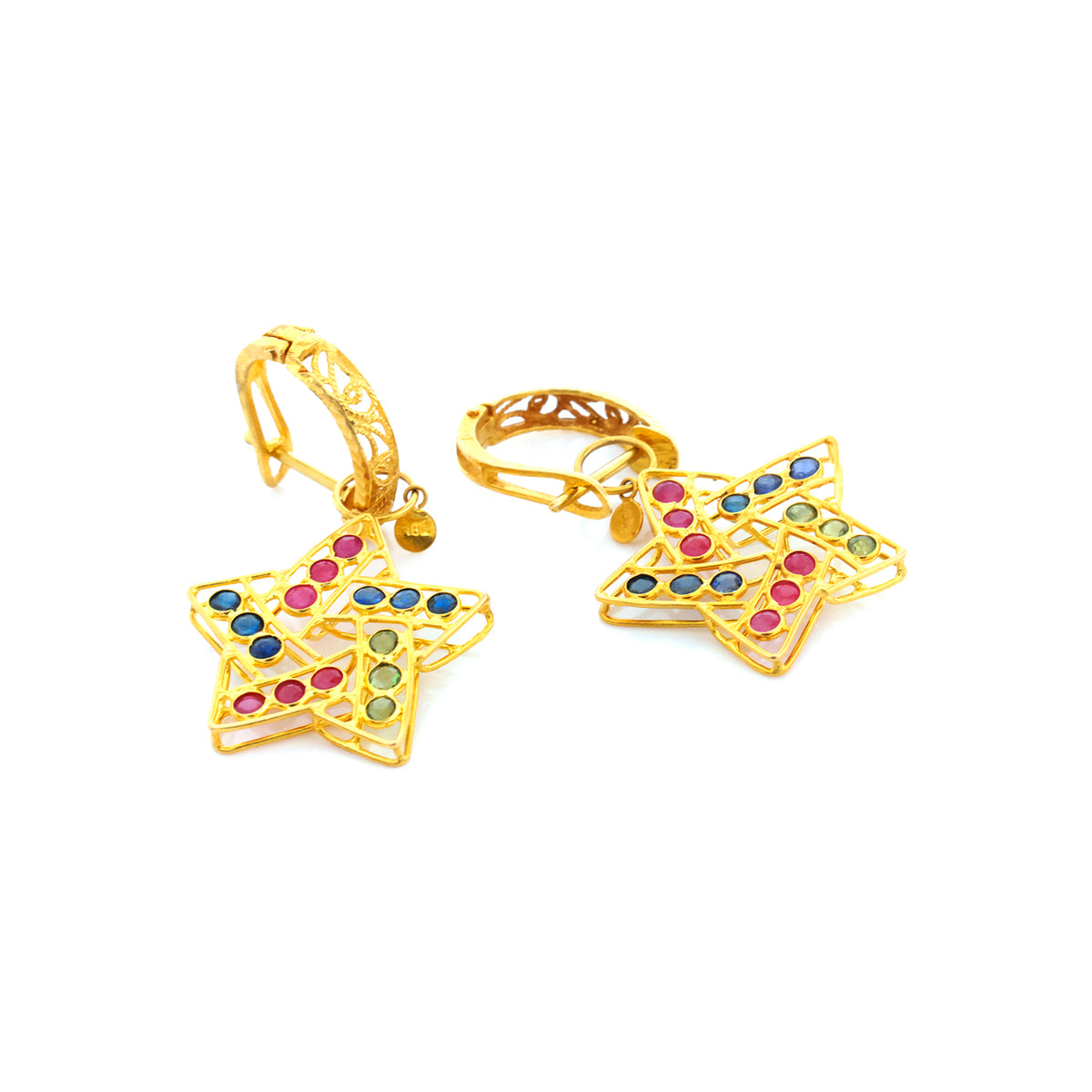 Gold star-shaped earrings with colorful gemstones on a white background