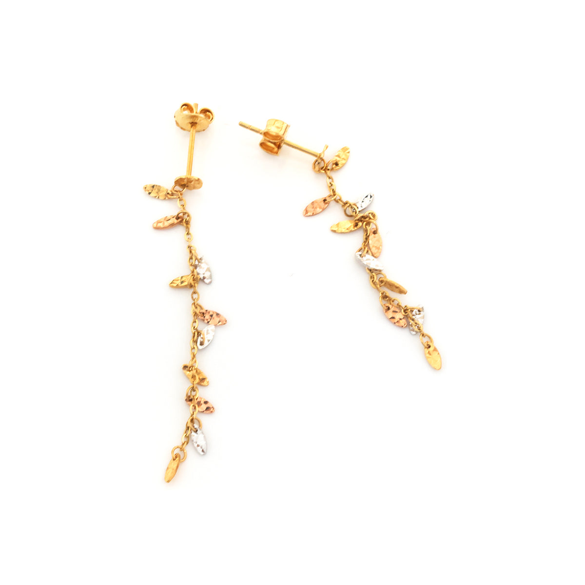A pair of gold dangle earrings with leaf-shaped charms and small clear stone accents, shown on a plain white background.