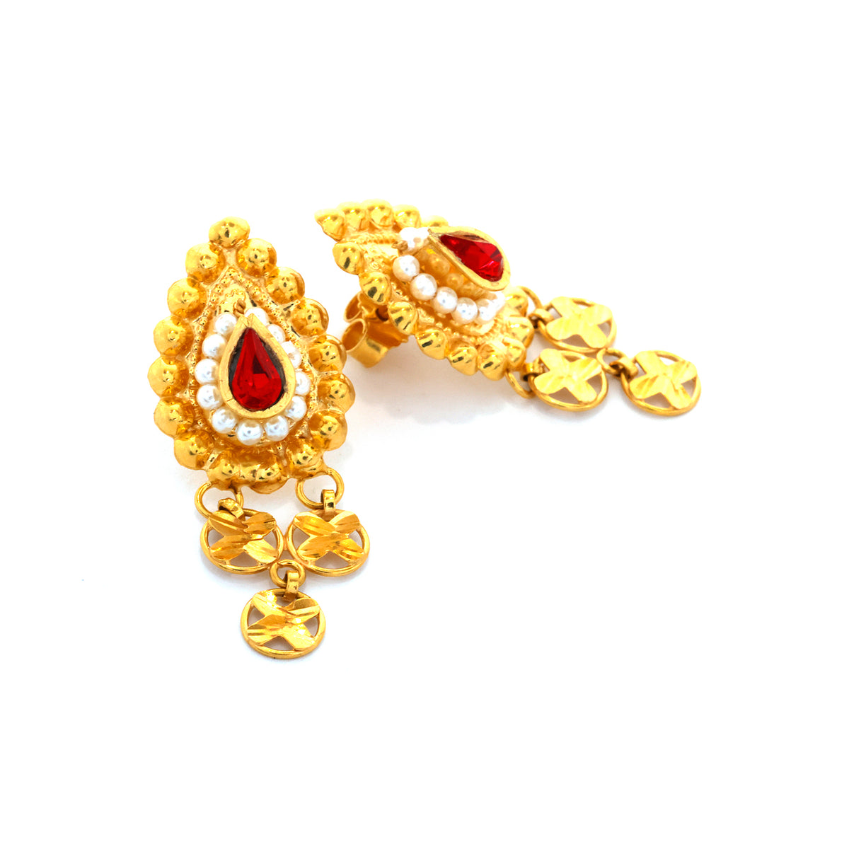 Gold earrings with red gemstones and pearl-like accents on a white background
