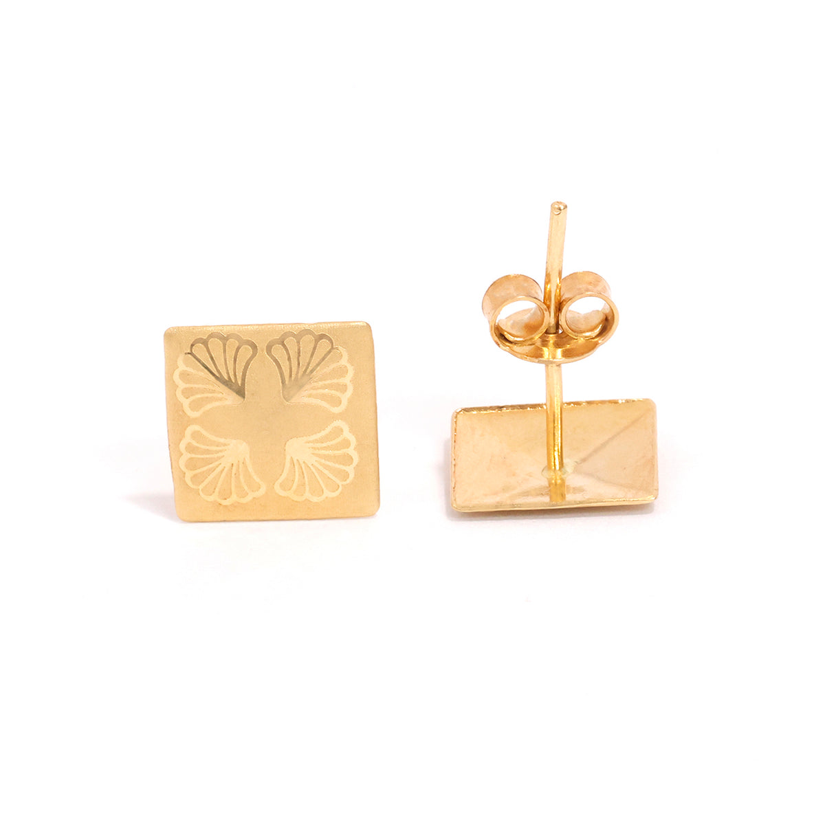 18K Gold Square Earrings with a Floral Engraved Pattern - Main View