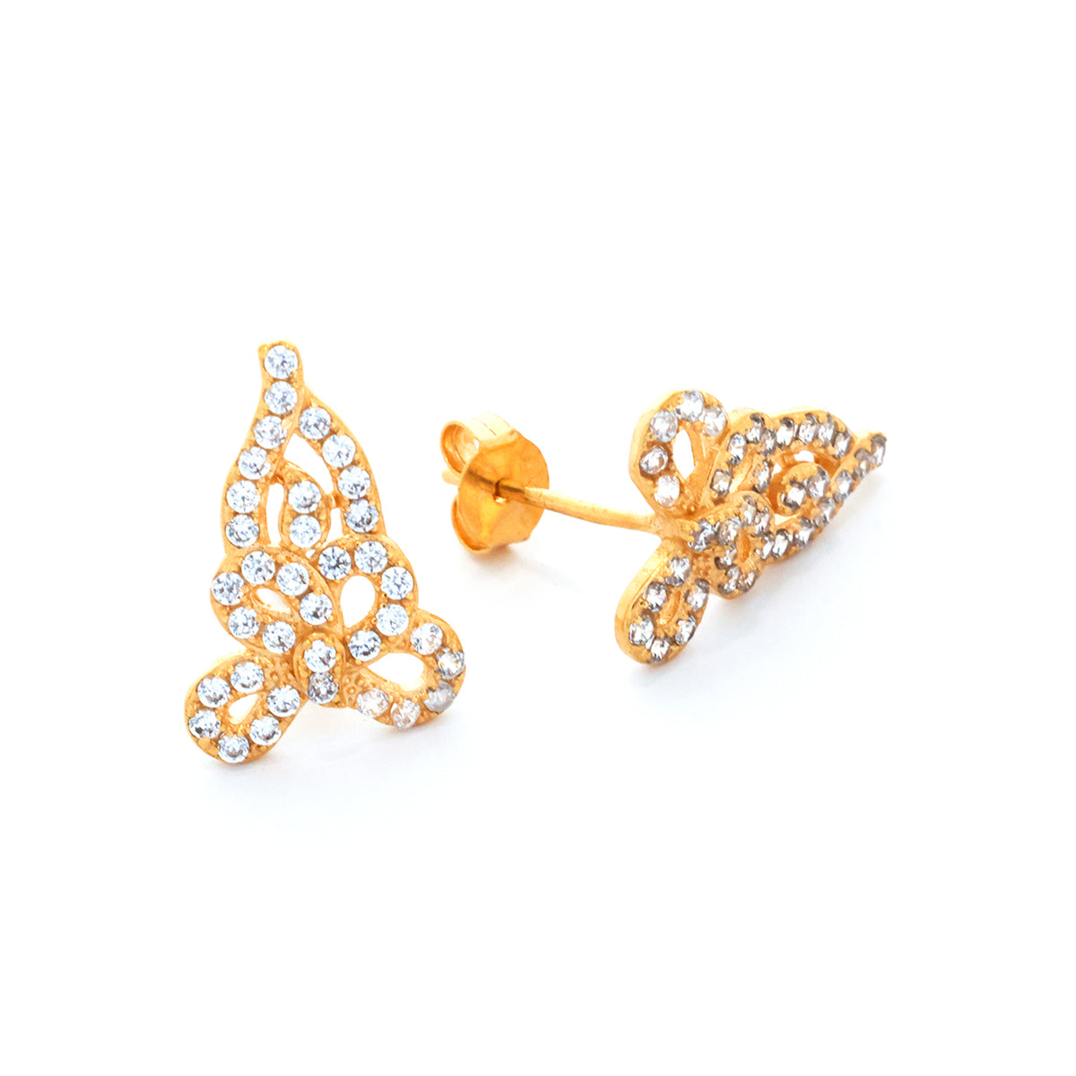 Gold butterfly earrings with clear gemstones on a white background
