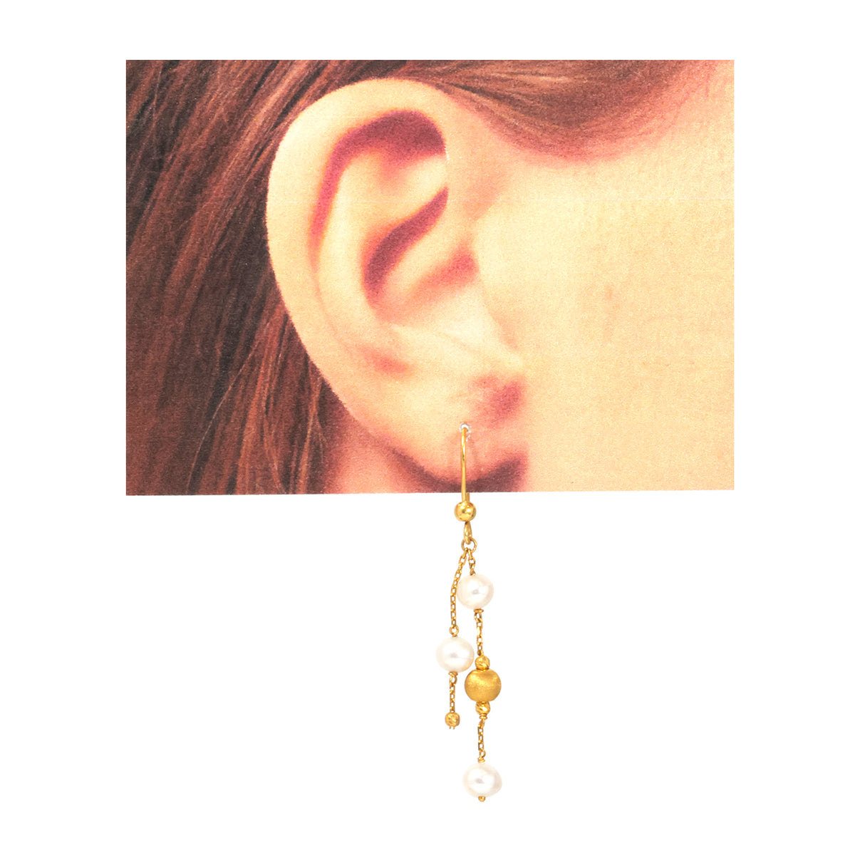 21K Gold Pearl Drop Chain Hook Earrings - Zero making charge