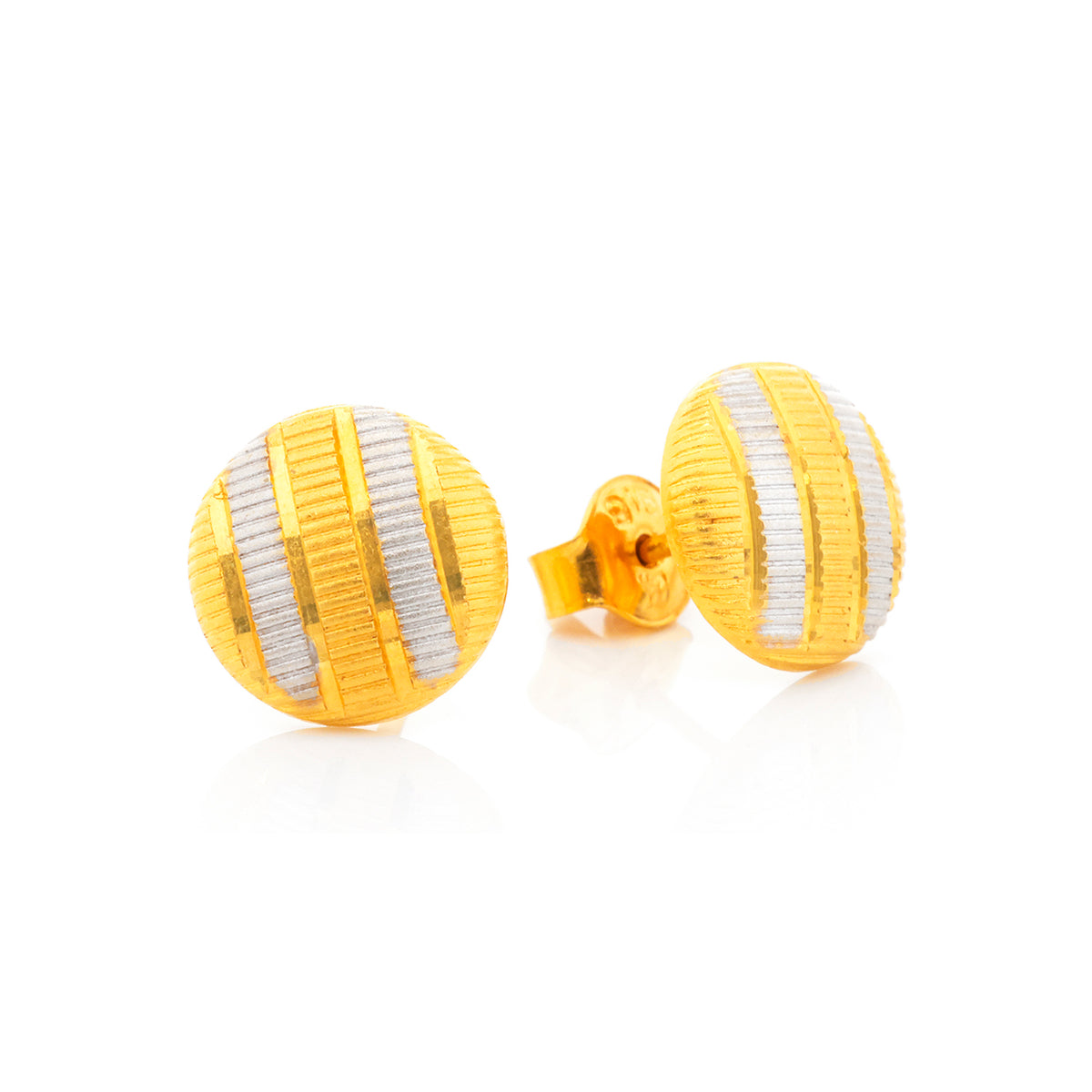 Gold and silver striped spherical earrings on a white background