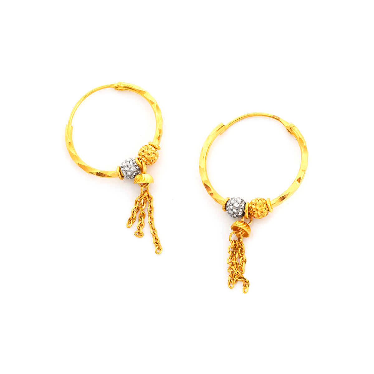 Gold hoop earrings with chain and bead details on a white background