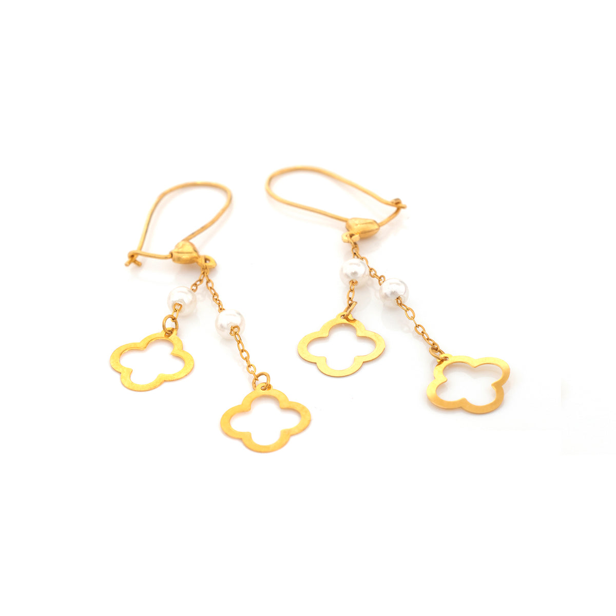 21K Gold Double Drop Quatrefoil Pearl Chain Earrings - Zero making charge