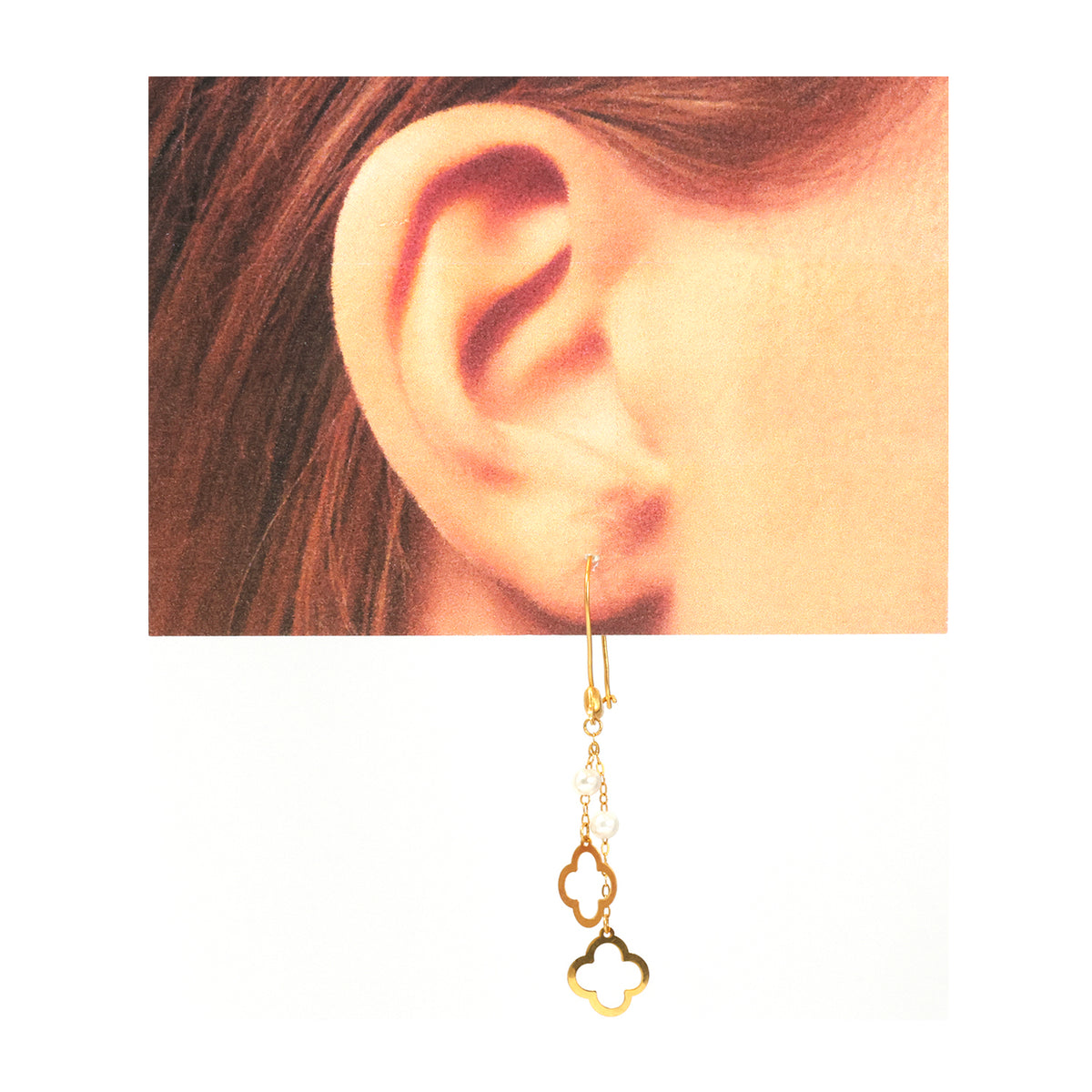 21K Gold Double Drop Quatrefoil Pearl Chain Earrings - Zero making charge