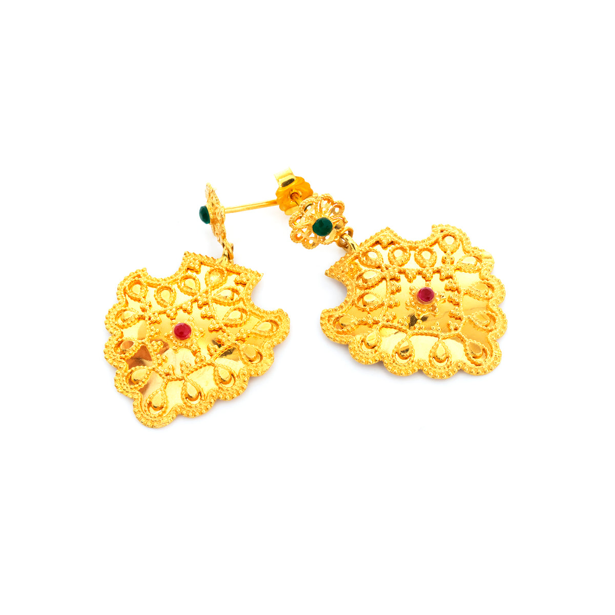 Gold earrings with intricate designs on a white background