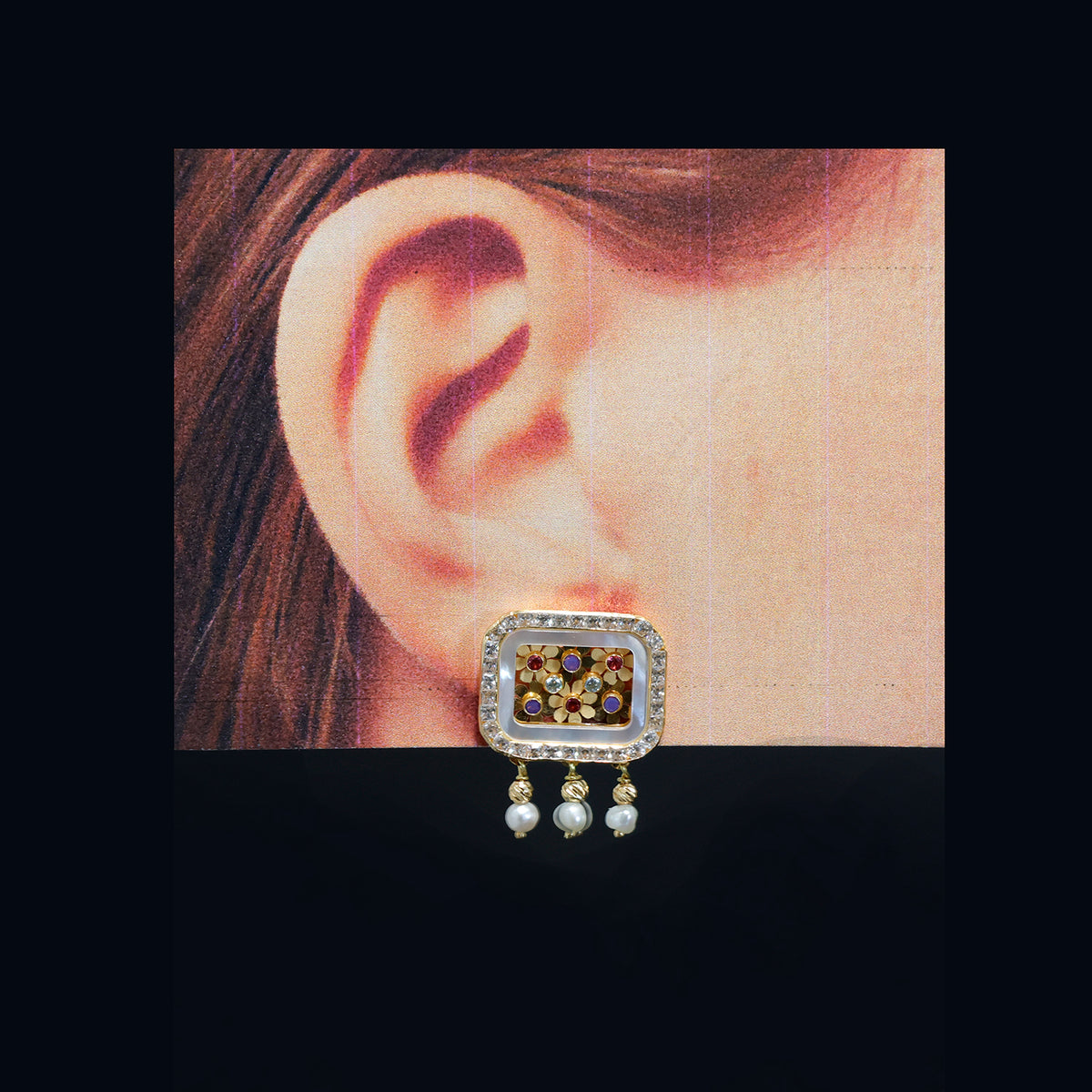 18K Gold Square Earrings with Floral Detailing and Pearl Drops - Size Reference