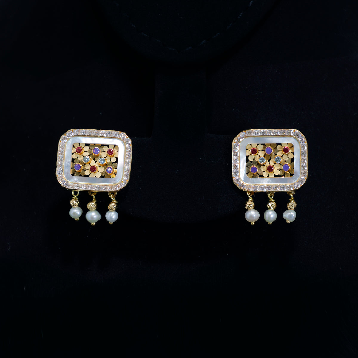 18K Gold Square Earrings with Floral Detailing and Pearl Drops - Main View