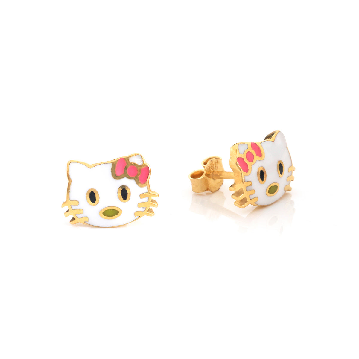 A pair of gold-plated Hello Kitty stud earrings with white enamel faces, featuring a pink bow, black eyes, and a green nose on a clean white background.