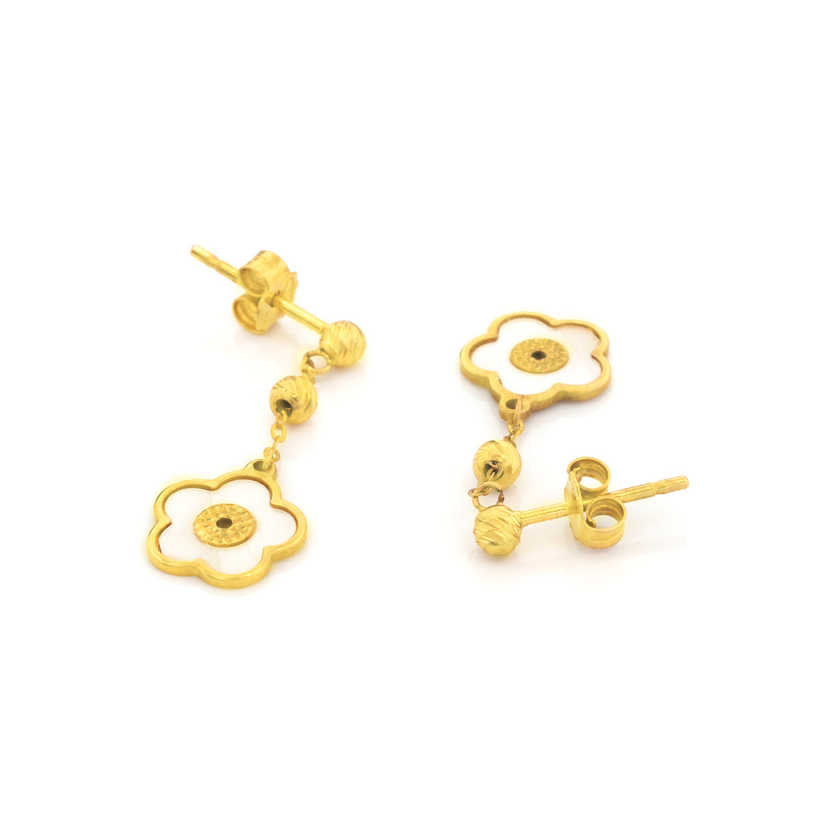 A pair of gold flower drop earrings with textured floral charms and post-back closures, shown on a plain white background.
