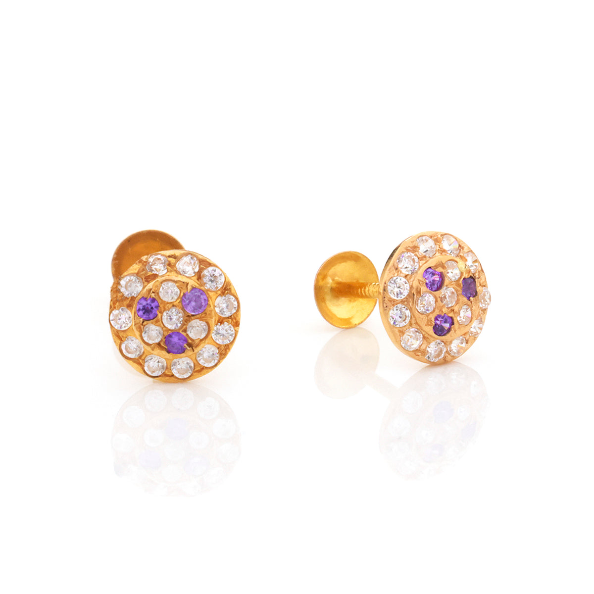 A pair of gold round stud earrings decorated with clear pavé crystals and small purple accent stones, shown on a clean white background with soft reflections.
