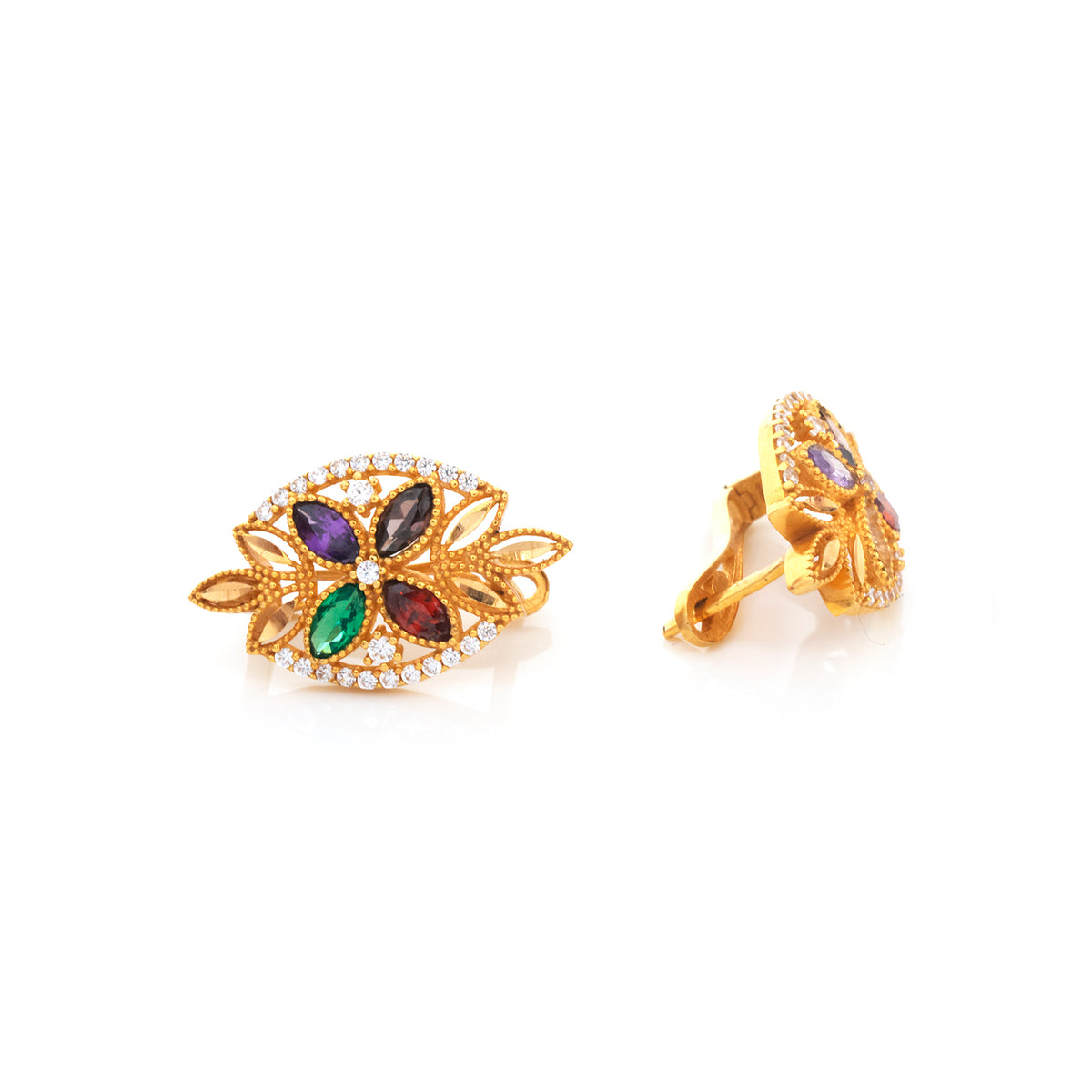 21K Gold Multicolour Marquise Floral Stud Earrings - Zero making charge