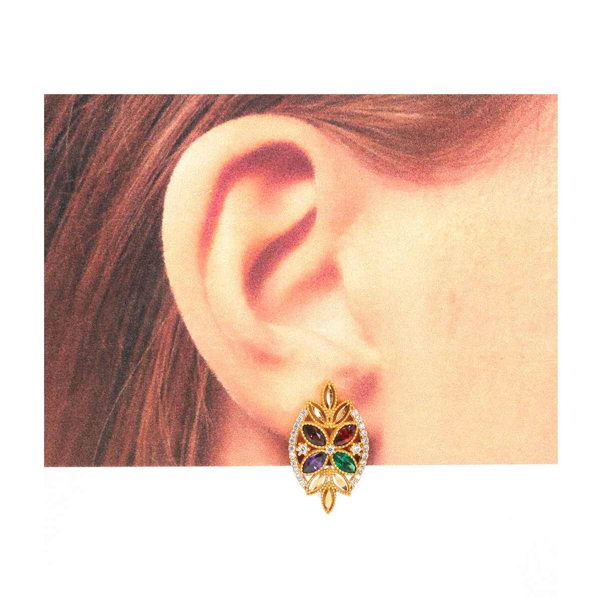 21K Gold Multicolour Marquise Floral Stud Earrings - Zero making charge