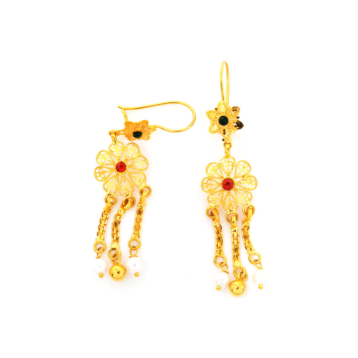 Gold earrings with floral designs and red stones on a white background