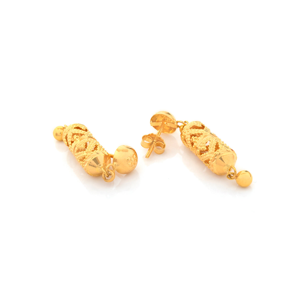 21K Gold Filigree Cylinder Drop Ball Earrings - Zero making charge