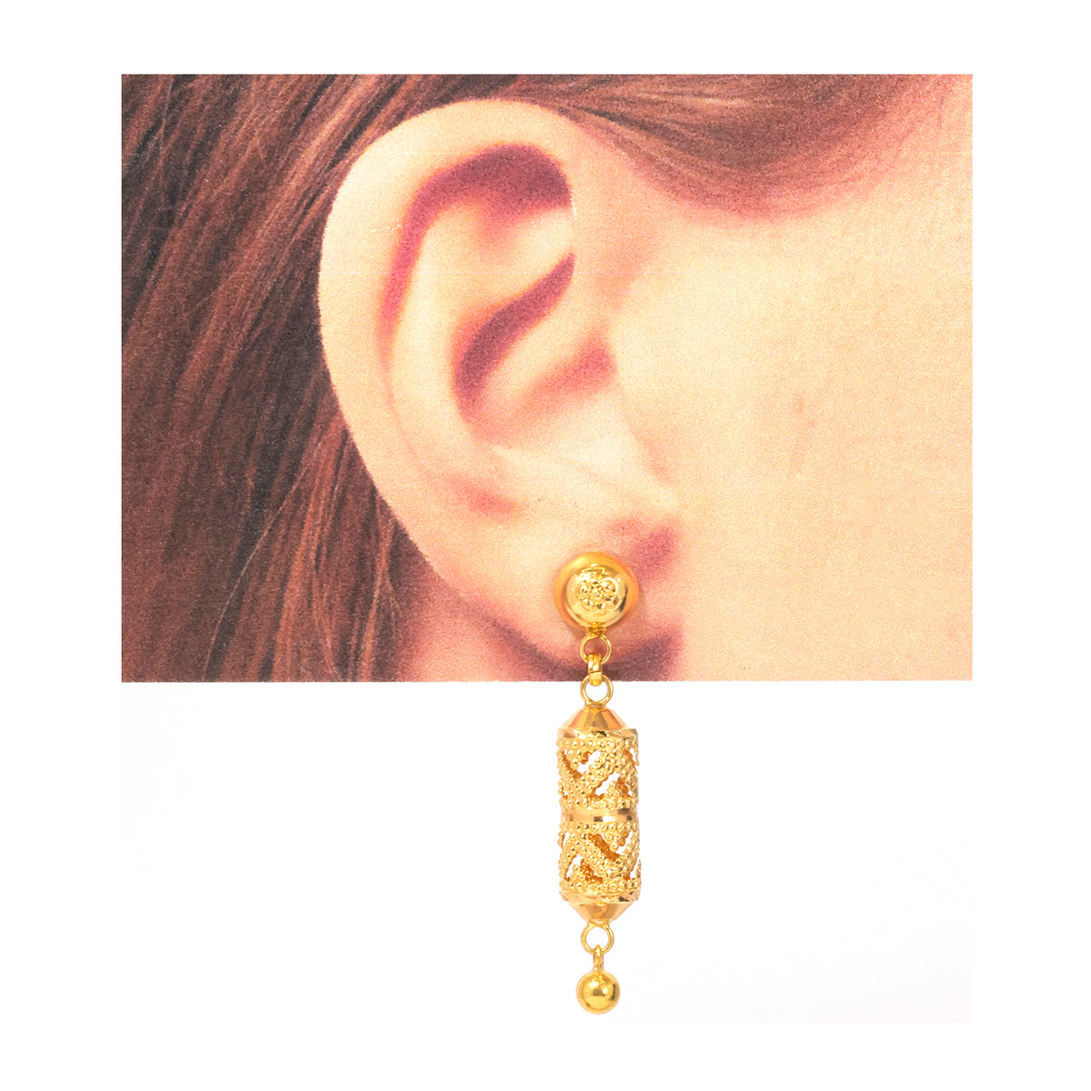 21K Gold Filigree Cylinder Drop Ball Earrings - Zero making charge