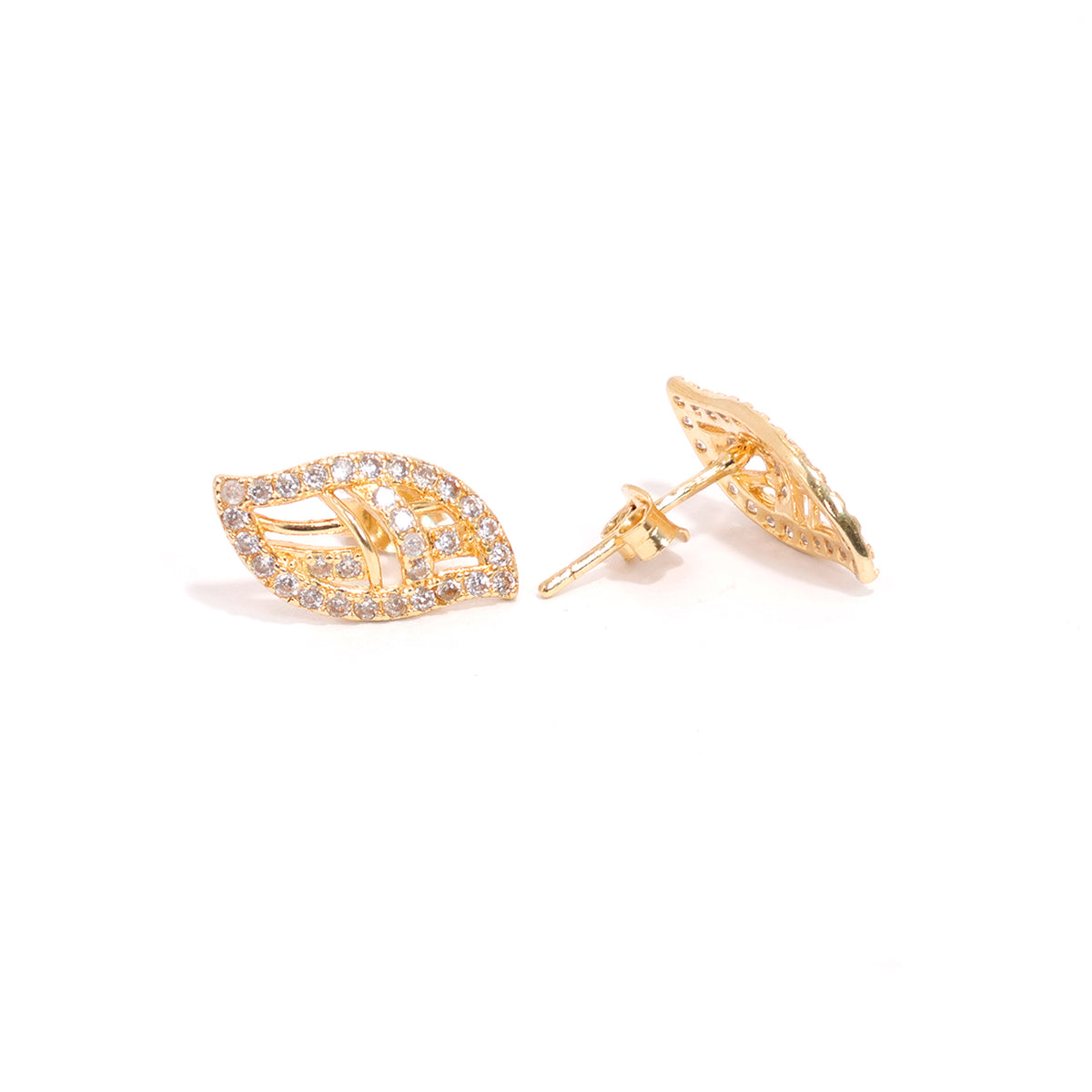 18K Gold Nature Earrings with Leaf CZ Pave Design - Main View