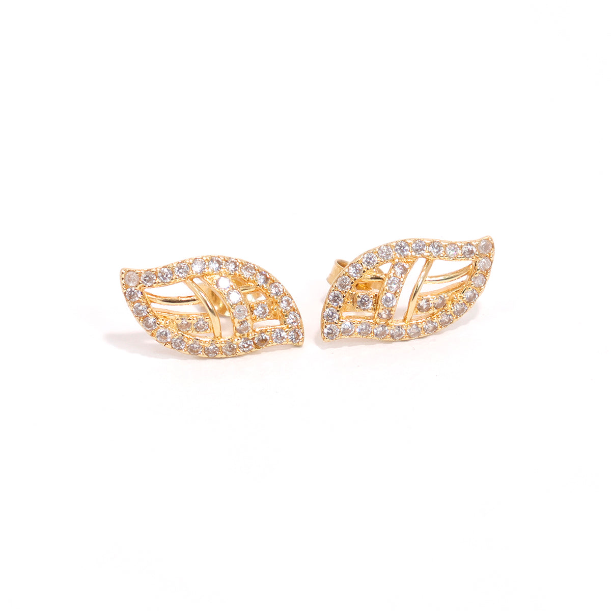 18K Gold Nature Earrings with Leaf CZ Pave Design - Close View