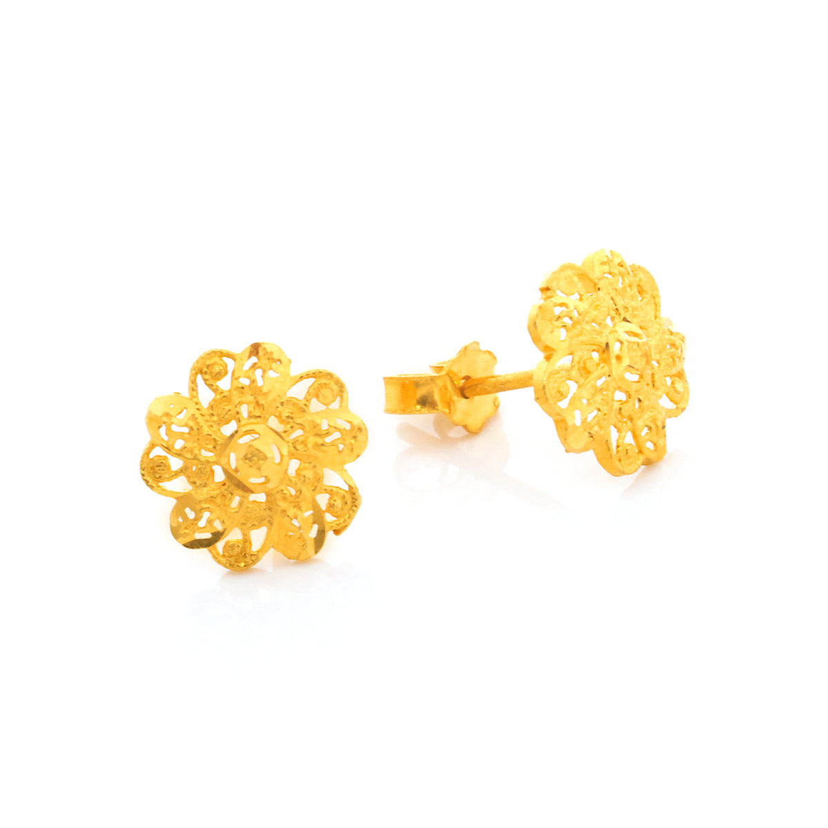 Pair of gold floral earrings on a white background