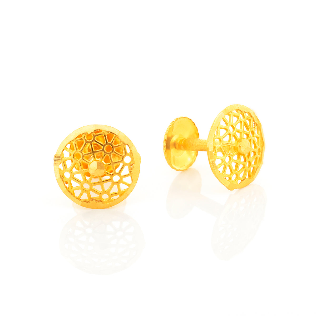 Pair of gold earrings with intricate designs on a white background