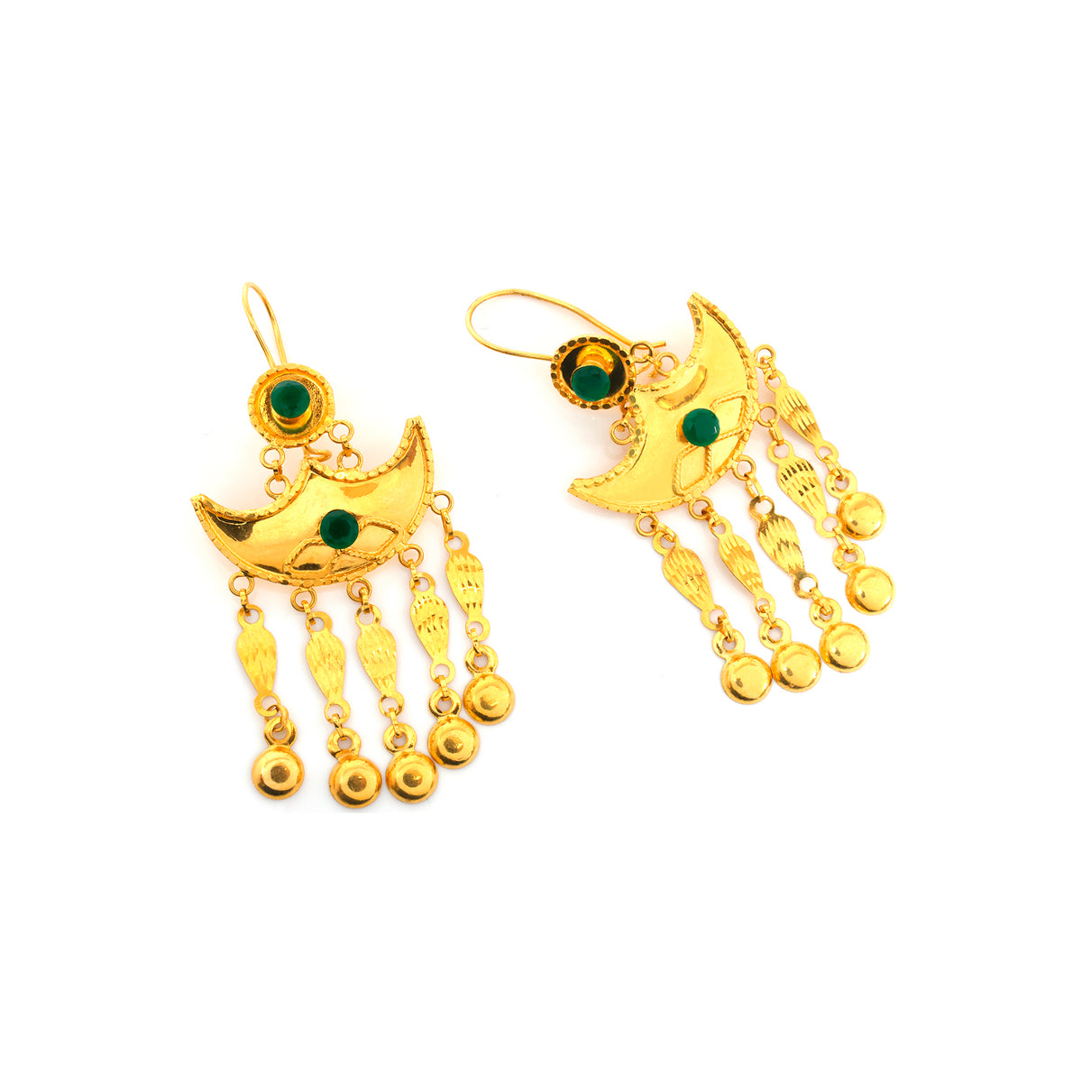 Gold earrings with moon designs and green gemstones on a white background