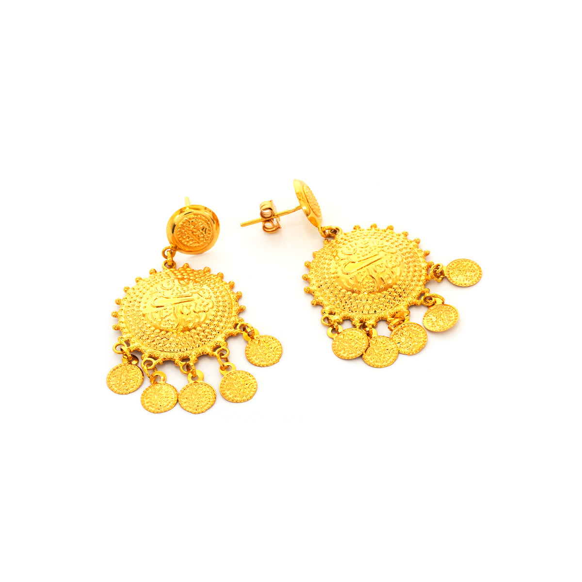 Gold earrings with intricate designs on a white background