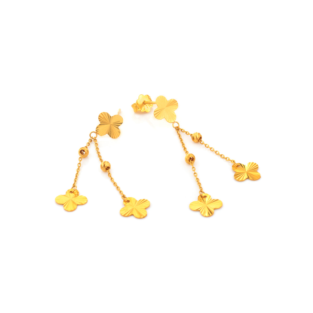 21K Gold Four-Petal Clover Drop Chain Earrings - Zero making charge