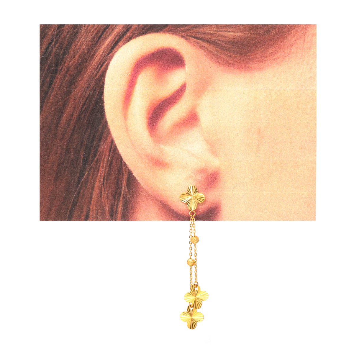 21K Gold Four-Petal Clover Drop Chain Earrings - Zero making charge