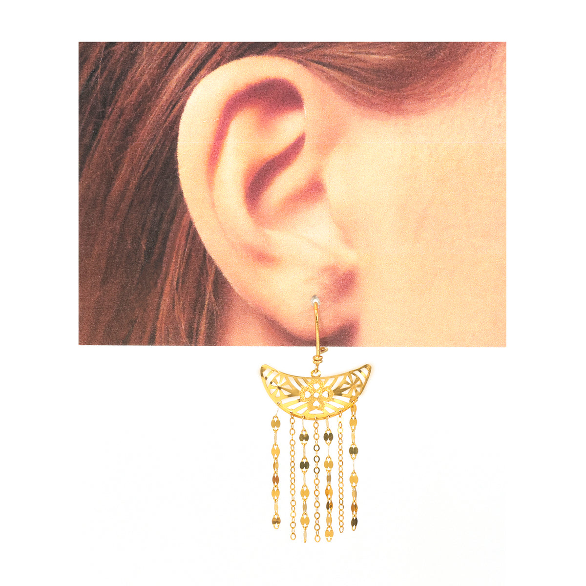 21K Gold Crescent Filigree Fringe Drop Earrings