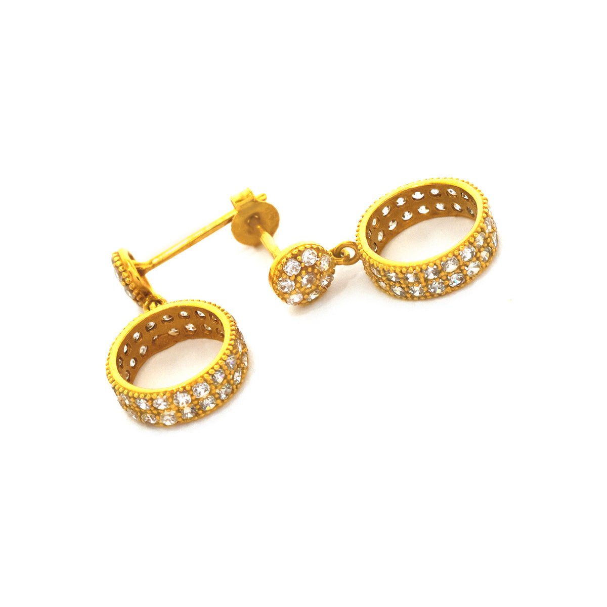 Gold hoop earrings with embedded stones on a white background