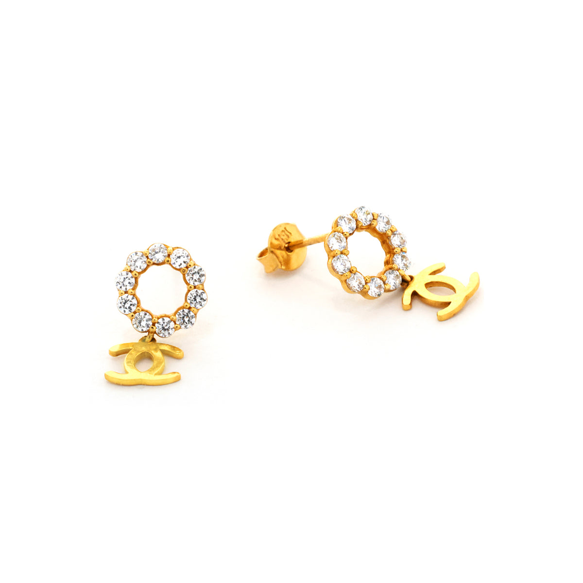 Gold earrings with 'CC' logo on a white background