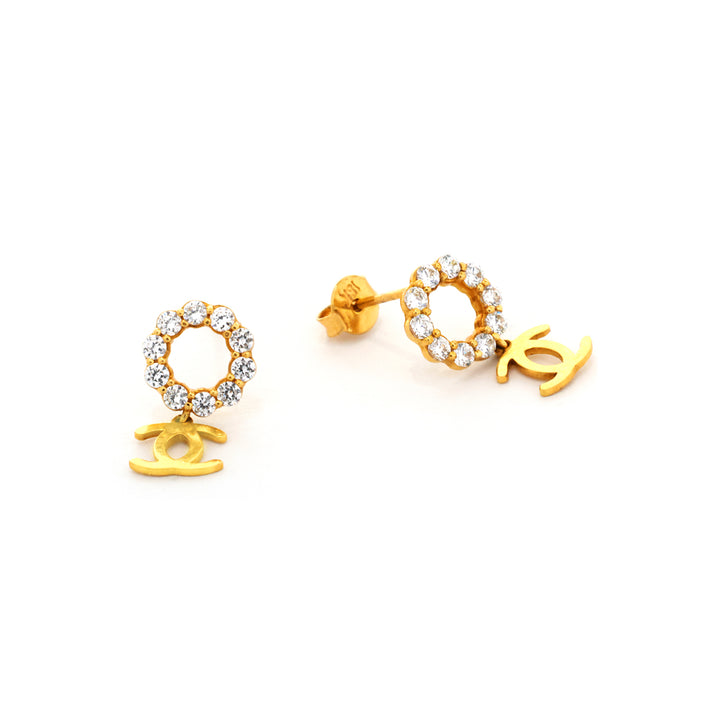 Gold earrings with 'CC' logo on a white background